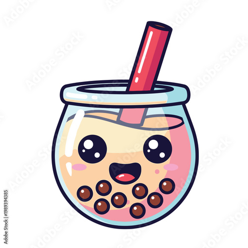 Cartoon boba tea with straw smiling.