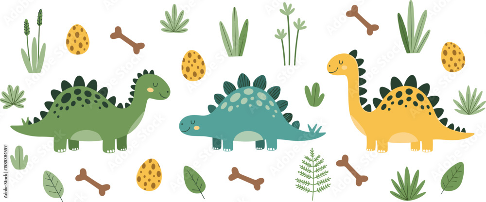 Fototapeta premium Cute Dinosaur Set Featuring Stegosaurus and Fossils with Plants and Bones for Kids’ Nature and Prehistoric Illustrations