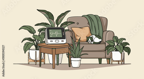 Cozy living room scene with plants, a napping cat, and a medical monitor