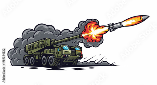 A military vehicle launches a missile with a fiery exhaust