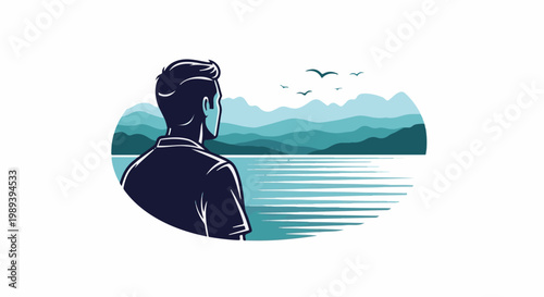 Man gazes at tranquil water and layered mountains under flying birds