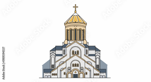 Ornate church with a golden dome and cross, featuring arched windows