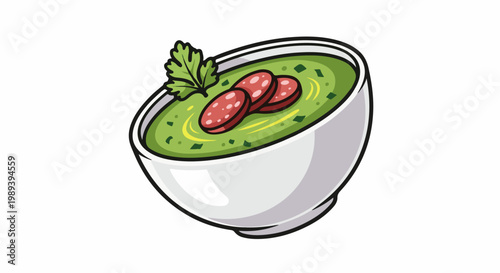 Green soup with sliced sausage and parsley in a white bowl