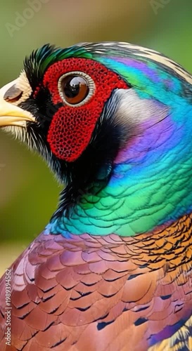 A detailed view of a bird's head, featuring vibrant red plumage and distinctive facial features vertical frame