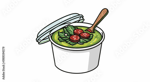 Green soup with pepperoni and greens in a takeaway container with lid