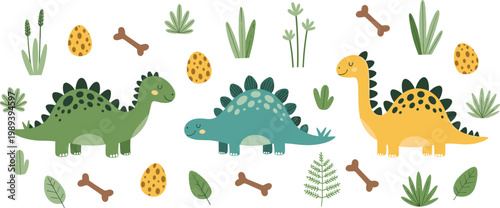Cute Dinosaur Set Featuring Stegosaurus and Fossils with Plants and Bones for Kids’ Nature and Prehistoric Illustrations
