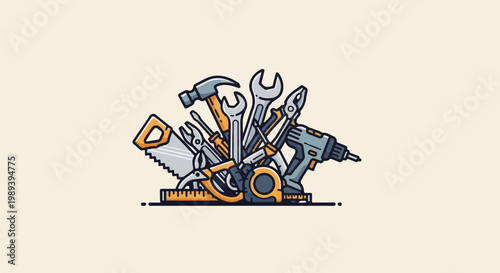 Assortment of DIY tools and measuring instruments for home repairs and construction