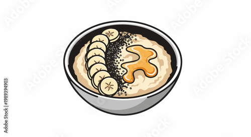 Delicious bowl of oatmeal with banana slices, seeds, and a drizzle of honey