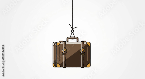 Vintage brown suitcase suspended by a thin black string against a white background