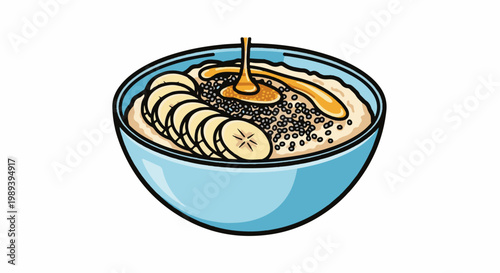 A stylized illustration of a bowl of oatmeal with sliced bananas and honey