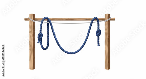 A navy blue rope is tied in knots and strung between two wooden posts