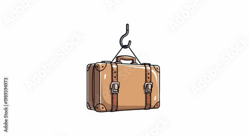 A vintage suitcase hangs from a hook against a white background