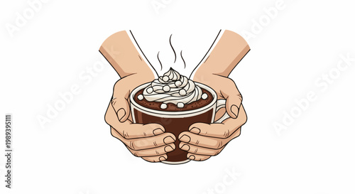 Steaming hot chocolate with whipped cream and marshmallows