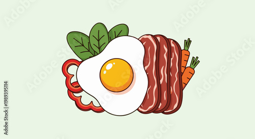 A vibrant illustration of a hearty breakfast spread with fried egg, bacon, and vegetables