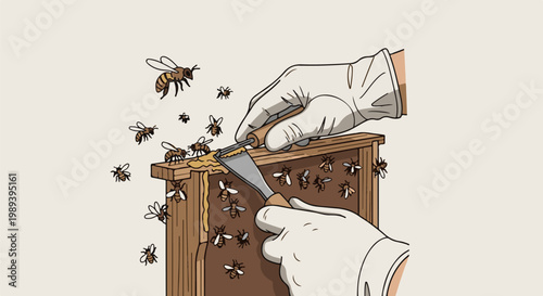 Beekeeper in gloves tending to a hive with bees and honey