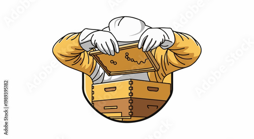 Beekeeper in protective suit holding honeycomb with bees