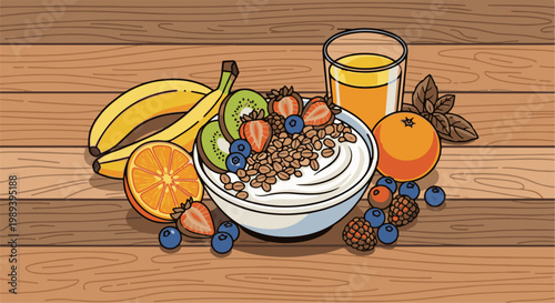 A healthy breakfast of yogurt, fruit, juice, and cereal on wood