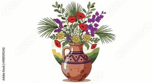 Ceramic vase with colorful floral arrangement and abstract landscape