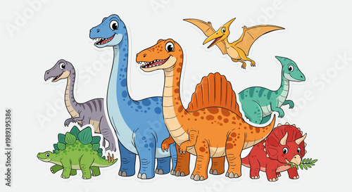 Group of diverse cartoon dinosaurs standing together on a white background.