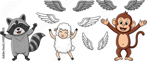 Cartoon Animals with Angel Wings Set Featuring Raccoon, Sheep, and Monkey for Fun and Whimsical Illustrations