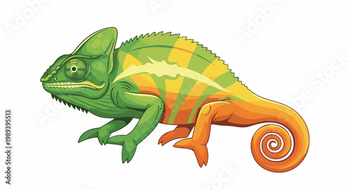 A detailed cartoon illustration of a chameleon with striking green and orange hues