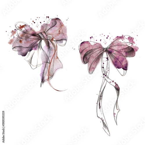 Fotografi Elegant feminine silk or satin tied bows with long trailing ribbons