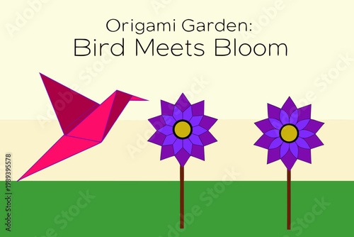 Origami bird and purple flowers displayed against a pale green background