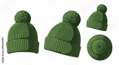 Four green knitted winter hats with pom-poms shown from different angles