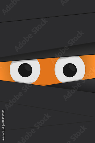 A playful cartoonish mummy face with orange and white features