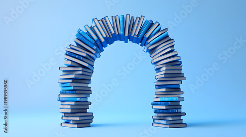 An archway formed by stacks of blue books, symbolizing knowledge, learning, and pathways to education on a plain background.