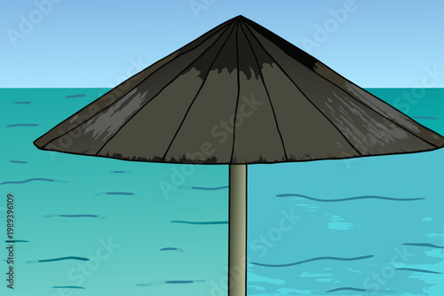 A conical asian hat floats above a bright blue ocean scene