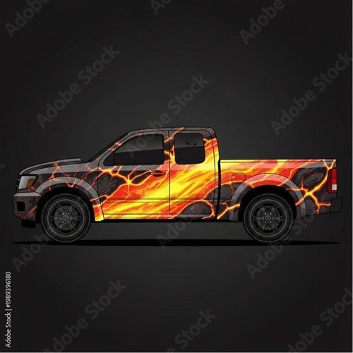 Flame Decal Pickup Truck Side View.
