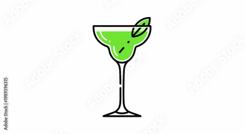 A bright green cocktail with a leaf garnish in a margarita glass