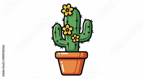 Cartoon potted cactus with yellow flowers, green stem, thorns