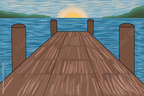 A simple cartoon illustration of a wooden pier extending into blue water