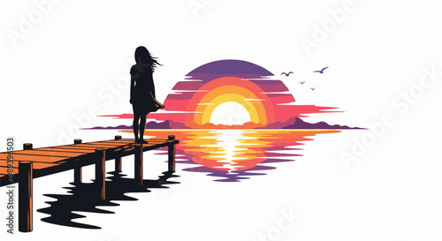 Silhouette of a person on a pier watching a colorful sunset over the water