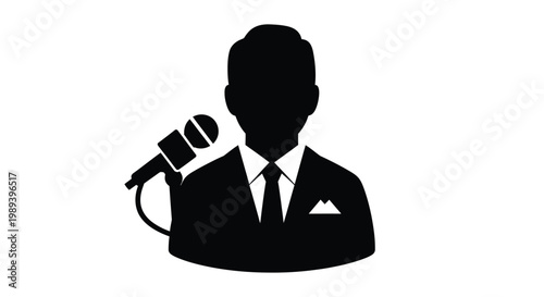 Silhouette of a man in a suit speaking into a microphone