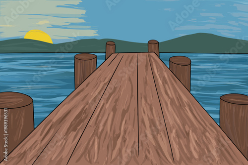 A wooden pier extends towards a tranquil lake at sunset