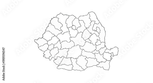 Vector map of Romania regions outlined in black lines on white