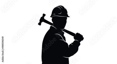 Silhouette of a construction worker holding a sledgehammer against white