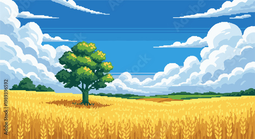 A lone tree stands in a golden wheat field under a bright blue sky with puffy clouds