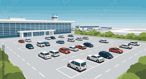 An illustrated airport terminal with a full parking lot and control tower