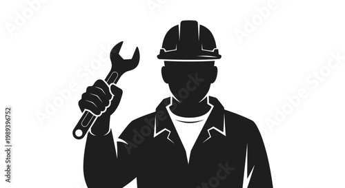 Silhouette of a construction worker holding a wrench and wearing a helmet