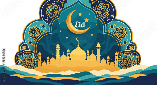 A beautiful Islamic illustration featuring a mosque silhouette under a crescent moon and stars, with intricate patterns and a wavy landscape.
