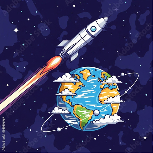 Rocket Ship Launching into Space Orbiting Earth.