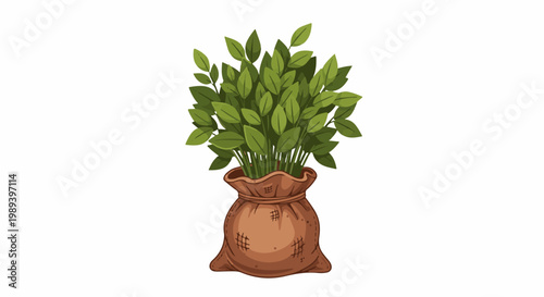 A burlap sack overflowing with lush green leaves and stems