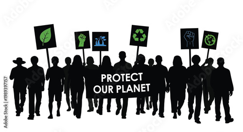Silhouette of protestors holding signs advocating for environmental protection