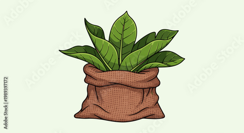 Green leaves sprout from a rustic burlap sack against a light background