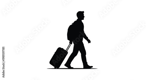 Silhouette of a man walking with a rolling suitcase on white
