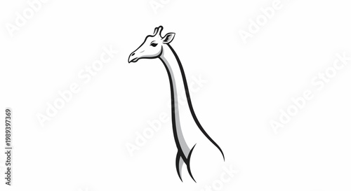 Minimalist, black and white line art of a giraffe's head and neck